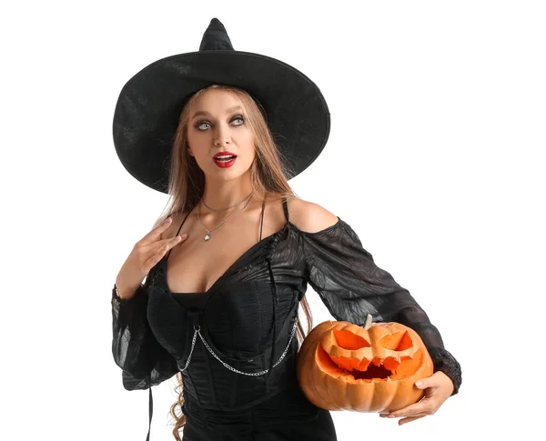 Szexi Fiatal Boszorkány Halloween Tök Fehér Háttér — Stock Fotó