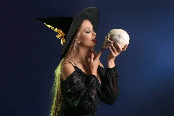 Sexy Young Witch Skull Dark Background — Stock Photo, Image