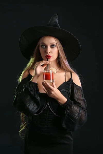 Sexy Young Witch Cocktail Dark Background — Stock Photo, Image