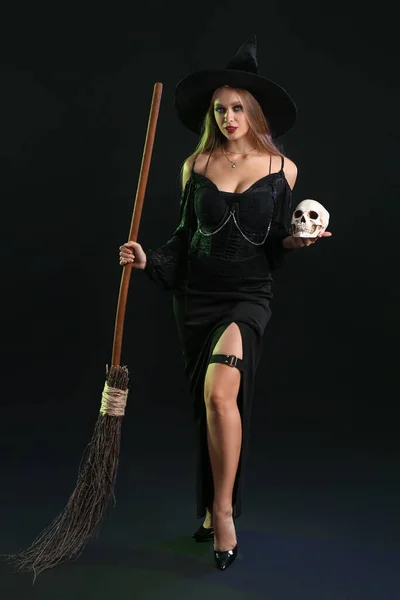 Sexy Young Witch Skull Broom Dark Background — Stock Photo, Image