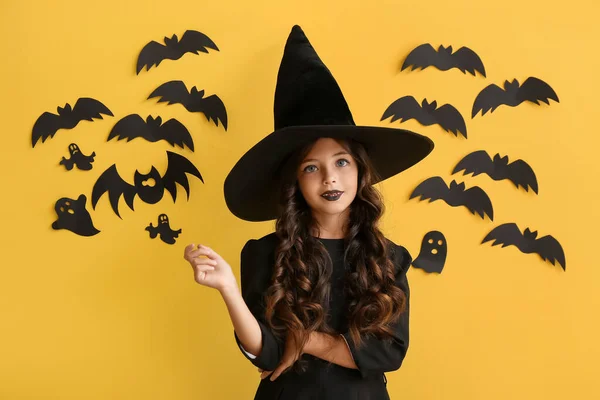Cute Little Girl Dressed Witch Halloween Color Background — Stock Photo, Image