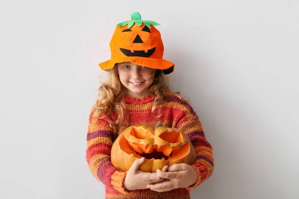 Cute Little Girl Dressed Halloween Light Background — Stock Photo, Image