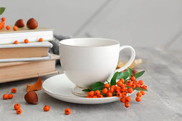 Composition Cup Hot Beverage Books Rowan Berries Table — Stock Photo, Image