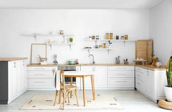 Stylish Interior Light Kitchen Blank Poster Frame Kitchen Counter — Stock Photo, Image