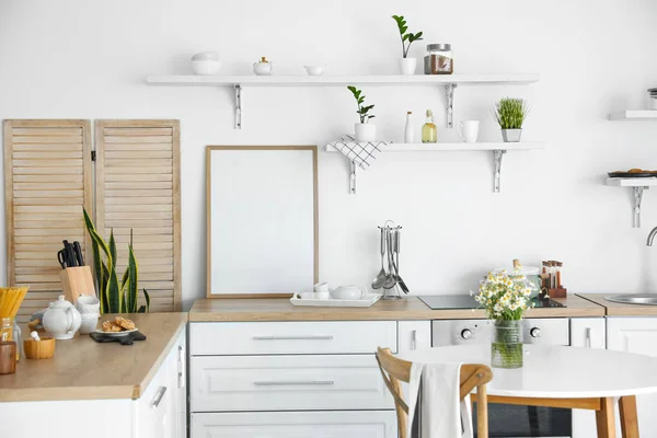 Wooden Blank Poster Frame Kitchen Counter Light Interior — Stock Photo, Image