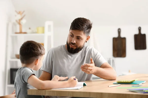Little Boy His Father Doing Lessons Home — Stock Photo, Image