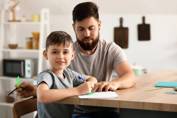 Little Boy His Father Doing Lessons Home — Stock Photo, Image