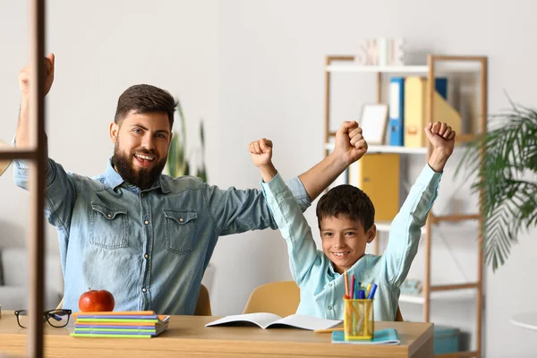 Little Boy His Father Doing Lessons Home — Stock Photo, Image