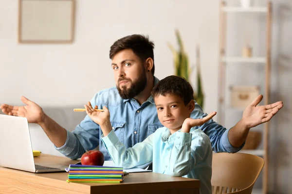 Confused Little Boy His Father Doing Lessons Home — Stock Photo, Image