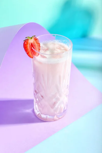 Glass Strawberry Pina Colada Cocktail Color Background — Stock Photo, Image