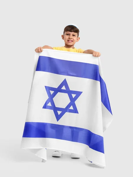 Kleiner Junge Mit Der Flagge Israels Auf Weißem Hintergrund — Stockfoto