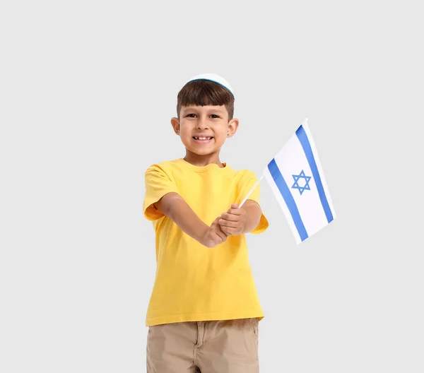 Niño Pequeño Con Bandera Israel Sobre Fondo Blanco — Foto de Stock