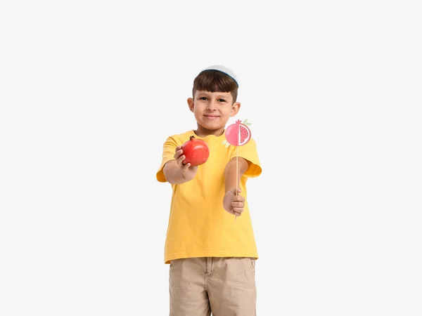 Liten Pojke Med Granatäpple Och Inredning För Rosh Hashanah Judisk — Stockfoto