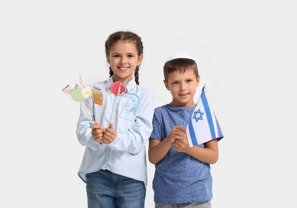 Små Barn Med Flagga Israel Och Inredning För Rosh Hashanah — Stockfoto
