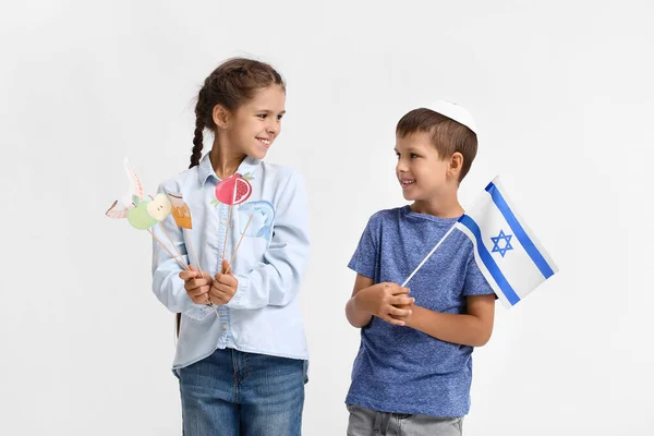 Små Barn Med Flagga Israel Och Inredning För Rosh Hashanah — Stockfoto