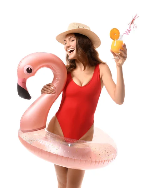 Femme Heureuse Avec Cocktail Anneau Gonflable Sur Fond Blanc — Photo