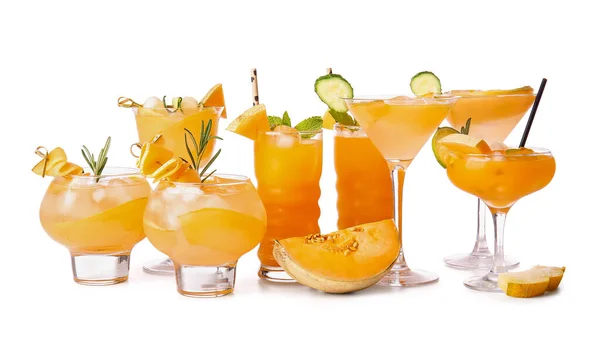 Glasses Different Melon Cocktails Isolated White Background — Stock Photo, Image