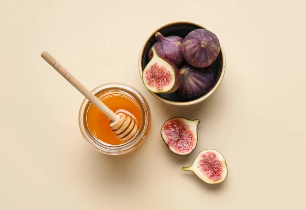 Glass Jar Honey Fresh Figs Color Background — Stock Photo, Image