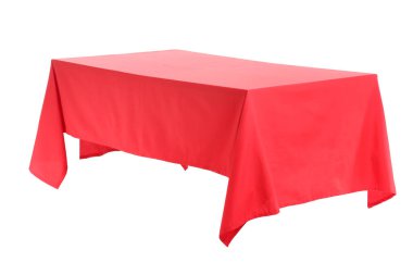 Beyaz arkaplanda şık kırmızı masa örtüsü olan boş yemek masası