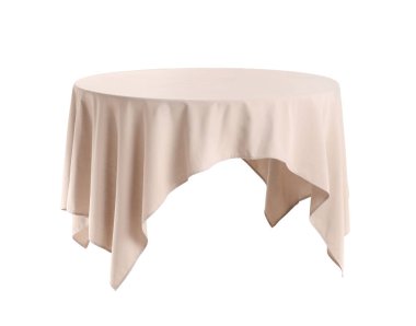 Beyaz arkaplanda şık masa örtüsü olan boş yuvarlak yemek masası