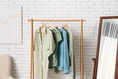 Elbise askısı ve aynası olan şık bir salon.