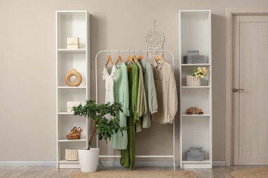 Elbise askılığı, kapı ve katlama perdesi olan şık bir koridor.