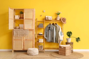 Palto askısı ve gardırobu olan şık bir koridor.