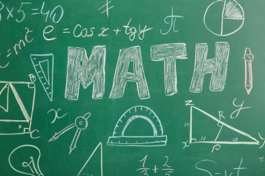 Kelime MATH, yeşil karatahta çizilmiş formüller ve geometrik şekiller