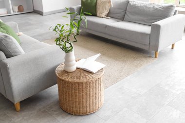 Bambu saplı vazo ve oturma odasındaki hasır sehpa üzerine açık kitap.