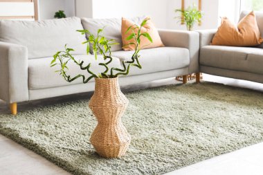 Gri kanepeler ve yerde bambu sapları olan şık bir oturma odası.