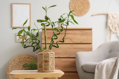 Oturma odasındaki sehpada bambu saplı hasır vazo, yakın plan.