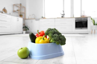 Mutfakta yerde taze sebzeli evcil hayvan kasesi, yakın plan.