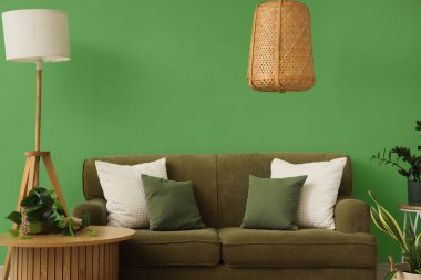 Şık oturma odasının içinde rahat bir kanepe, sehpa ve yeşil duvarın yanında bitkiler.