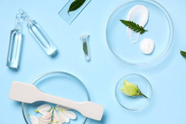 Mavi arka planda bitki örnekleri ve laboratuvar ekipmanları bulunan petri kapları