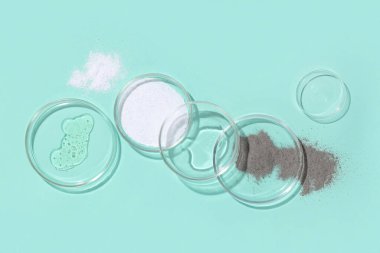 Turkuaz arka planda farklı örnekler içeren petri kabı