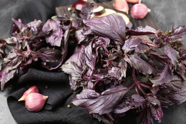 Taze mor fesleğen yapraklı ahşap tahta ve siyah arka planda sarımsak, yakın plan.