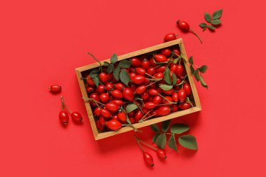 Taze gül kalçası böğürtlenli ahşap kutu ve kırmızı arka planda yapraklar