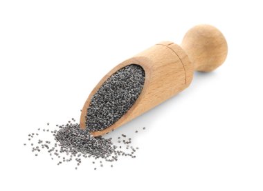 Beyaz üzerinde izole haşhaş tohumları kepçesi