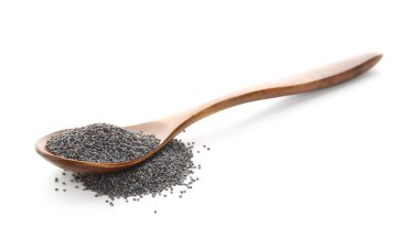 Beyaz üzerinde izole edilmiş haşhaş tohumları kaşığı