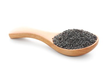 Beyaz üzerinde izole edilmiş haşhaş tohumları kaşığı