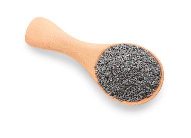 Beyaz üzerinde izole edilmiş haşhaş tohumları kaşığı