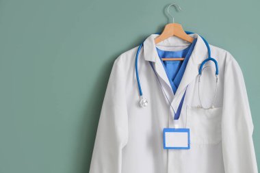 Beyaz üniformalı, rozetli ve turkuaz arka planda steteskoplu.