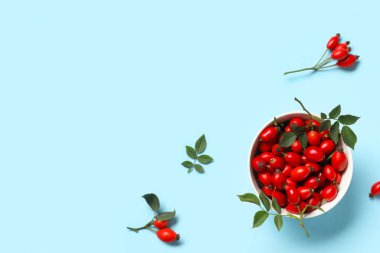 Mavi arka planda taze böğürtlen ve yapraklı kase