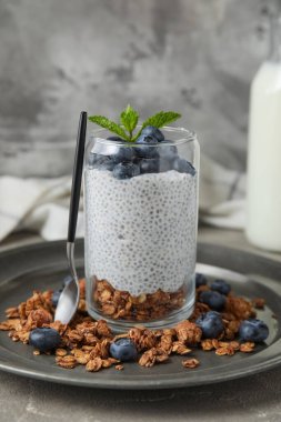 Bir bardak lezzetli chia tohumu pudingi granola ve yaban mersinli grunge duvarına karşı gri masada