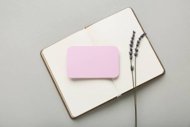 Açık kitap, boş kart ve gri arkaplanda lavanta çiçekli kompozisyon, yakın plan