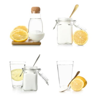 Beyaz zemin üzerinde limon ve su olan kabartma tozu seti