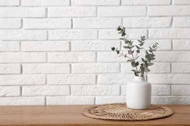 Okaliptüs dalları olan vazo beyaz tuğla duvarın yanındaki odada.