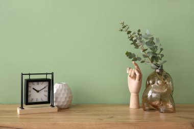 Oturma odasındaki yeşil duvarın yanında vazoda okaliptüs dalları olan vazo.