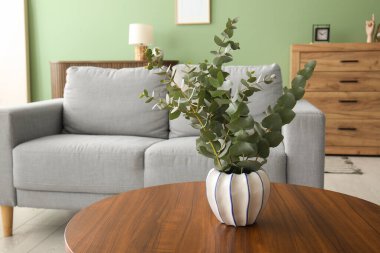 Oturma odasının iç tarafındaki masada okaliptüs dalları olan vazo, yakın plan.