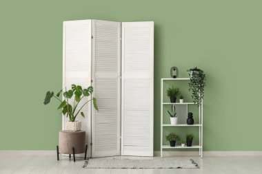 Katlanan ekran, raflama ünitesi ve odanın içindeki yeşil duvarın yanındaki bitkiler.